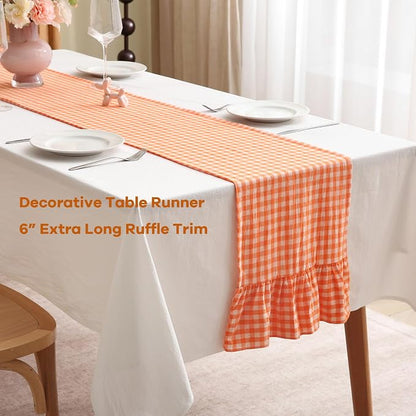 Orange White Plaid Gingham Ruffle Table Runner 120 inches Long 100% Washed - Image 3
