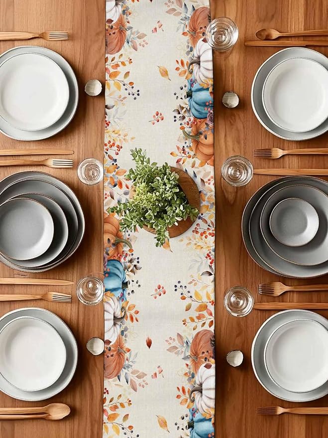 Orange Blue Pumpkin Fall Table Runner 120 Inches Long, Thanksgiving Eucalyptus - Image 7