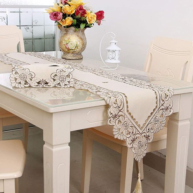 LeLehome Classic Table Runner 15 Inch X 77 Inch, Flower Embroidery Beige Brown - Image 2