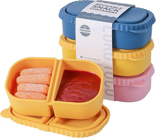 3 Pack Silicone Reusable Snack Containers - 8 oz Double Compartment Snackle Box by LOROTOCO