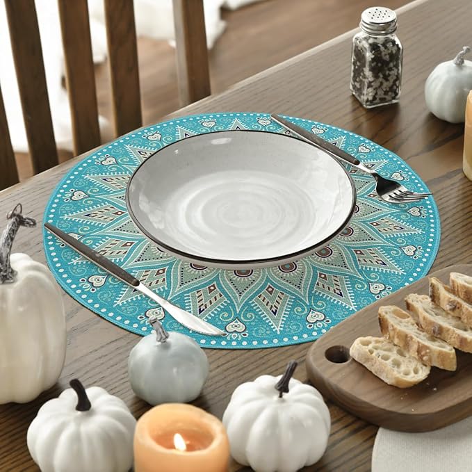 Artoid Mode Sky Blue Mandala Round Placemats Set of 4, 14 Inch Seasonal Spring - Image 3
