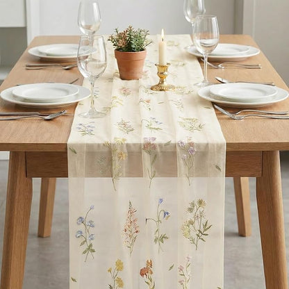 Artoid Mode 3PC Wildflower Floral Beige Apricot Gauze Embroidery Table Runner - Image 3