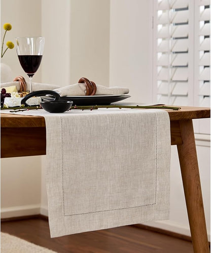 Solino Home 100% Linen Table Runner Natural, Classic Hemstitch 14 x 120 in | - Image 2