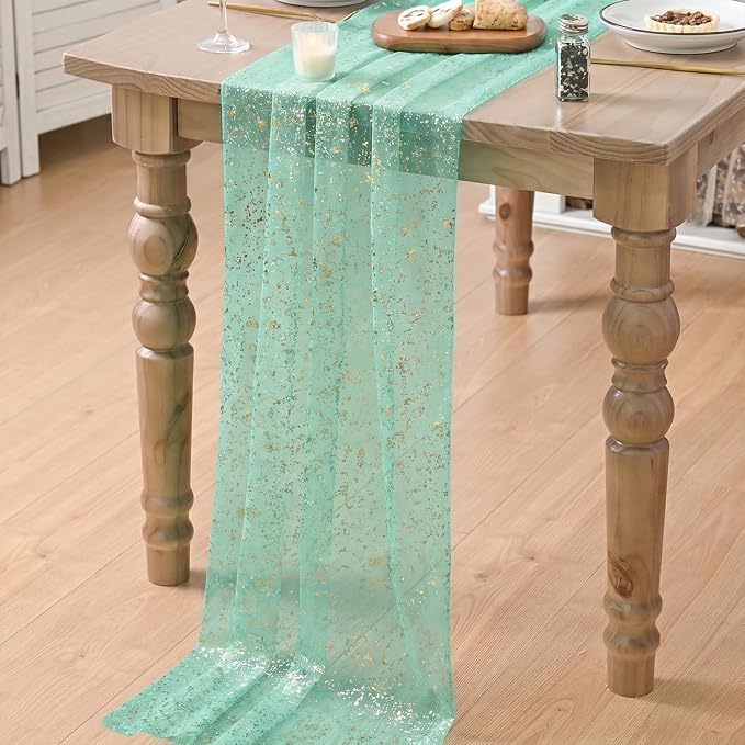 Artoid Mode 6Pcs Turquoise Gauze Gold Table Runner 10FT, Glitter Metallic Foil - Image 6