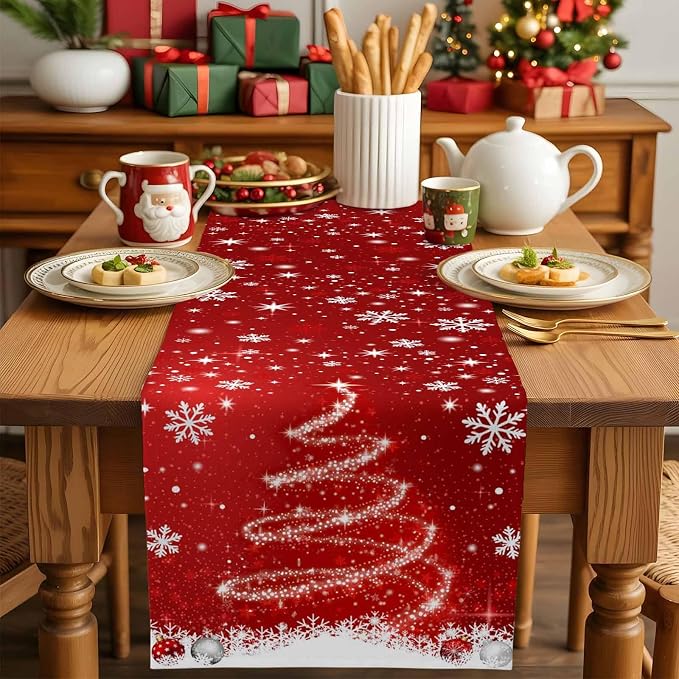 Red Christmas Table Runner 70 Inches Long, Xmas Tree Balls Snowflake Table - Image 5