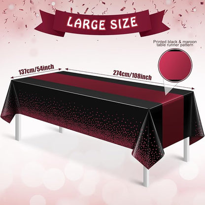 3Pcs Black and Maroon Tablecloth Party Decorations, Plastic Black Table Cloth - Image 2