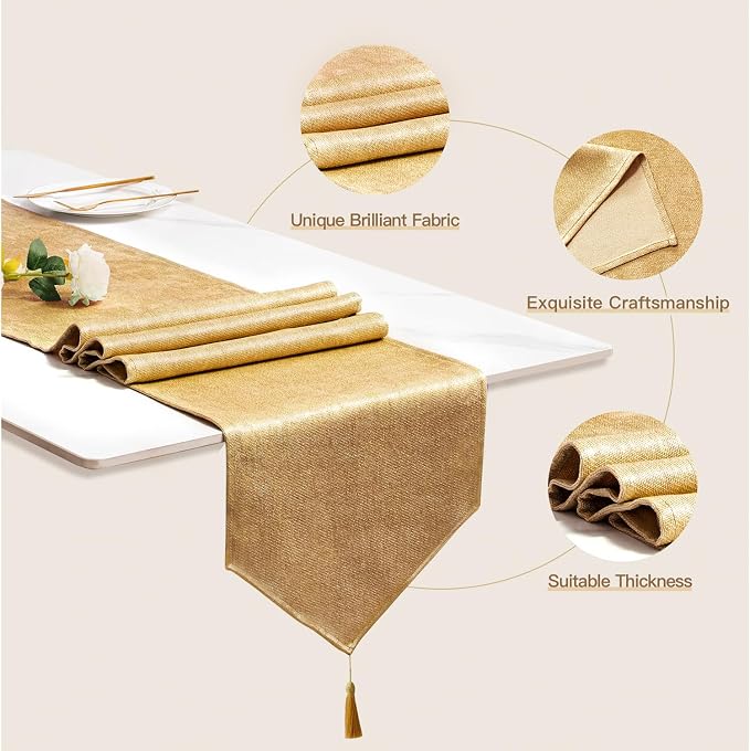 BALCONY & FALCON Table Runner Faux Linen Shimmer Gold 14"x51" | Tasselled - Image 2