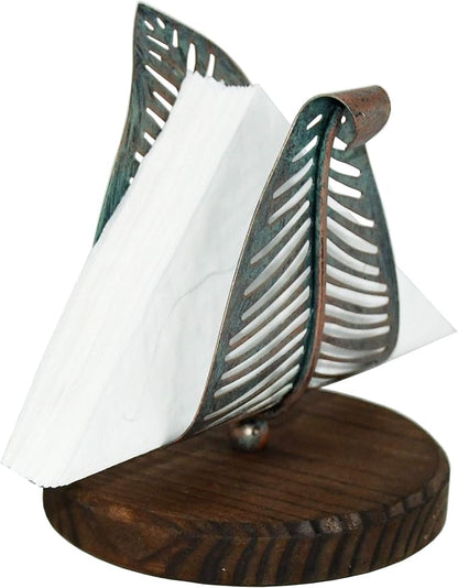 OwlGift Freestanding Modern Napkin Holder w/Golden Turquoise Metal Leaf & Brown - Image 3