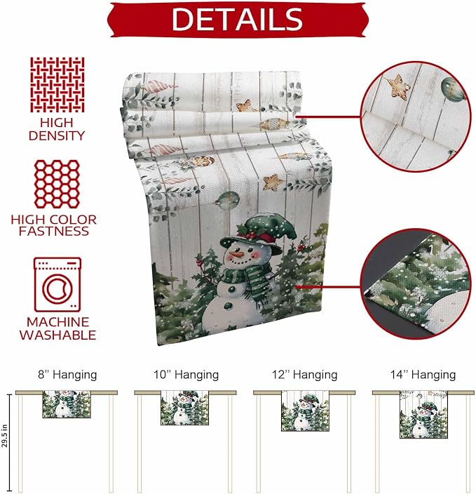 Christmas Snowman Table Runner 120 Inches Long, Xmas Trees Eucalyptus Leaves - Image 7