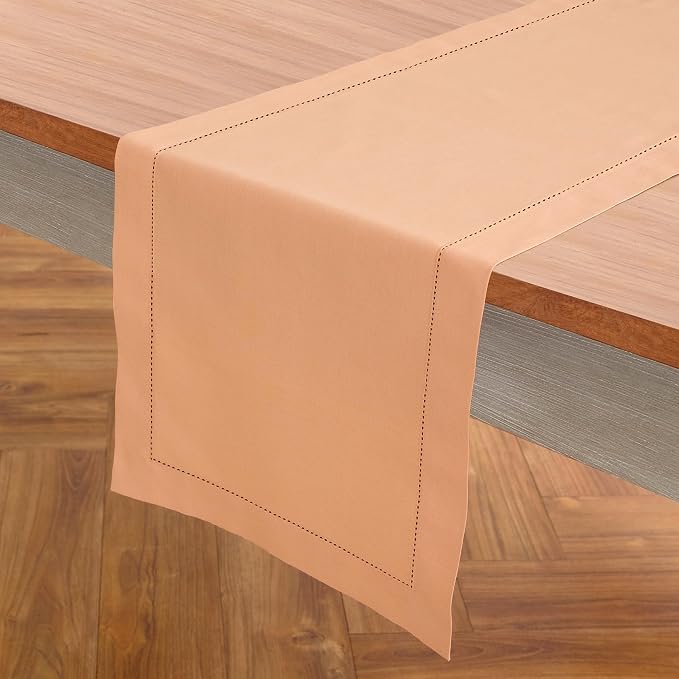 Solino Home Cotton Linen Dining Table Runner Peach Hemstitch, 14 x 36 in | - Image 2