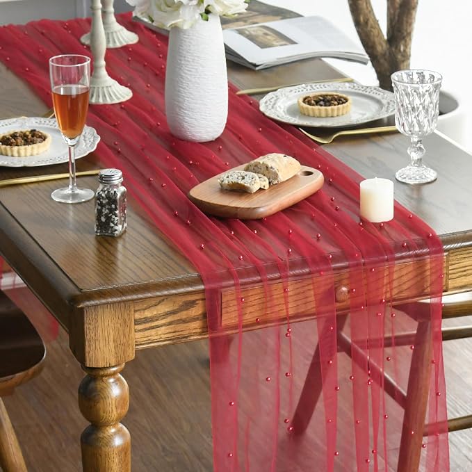 Artoid Mode 10PCS Pearl Red Gauze Table Runner 120 Inch 10FT, Seasonal Sheer - Image 2
