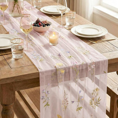Artoid Mode Wildflower Floral Light Pink Gauze Embroidery Table Runner 120 Inch - Image 7