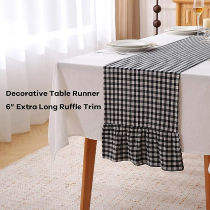 Black White Plaid Gingham Ruffle Table Runner 120 inches Long 100% Washed - Image 3