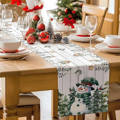 Christmas Snowman Table Runner 60 Inches Long, Xmas Trees Eucalyptus Leaves - Image 9