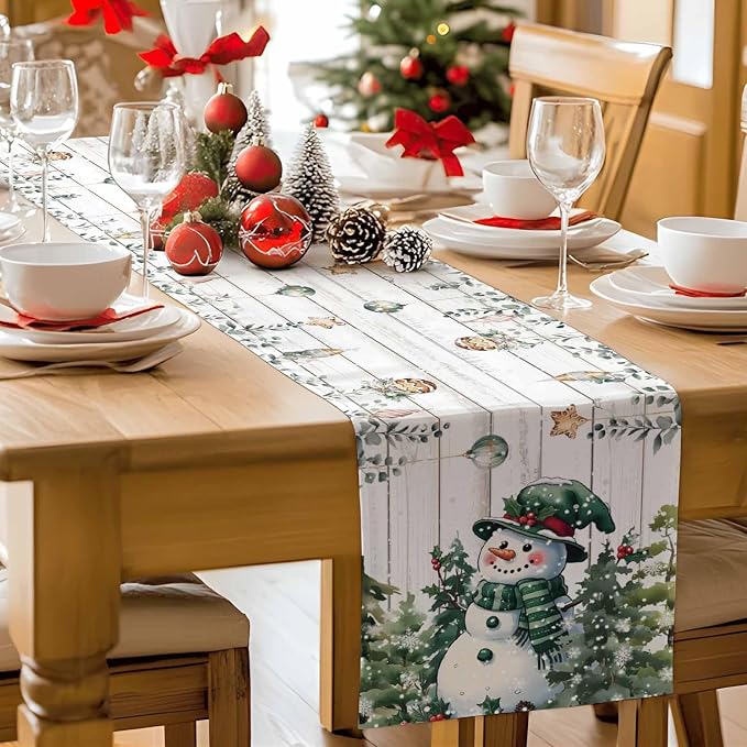 Christmas Snowman Table Runner 70 Inches Long, Xmas Trees Eucalyptus Leaves - Image 9