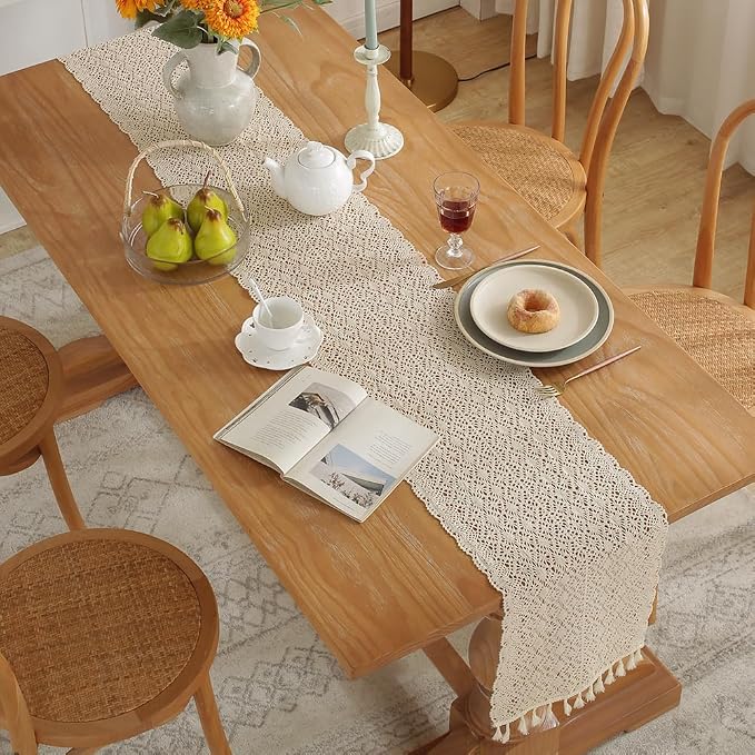 meioro Crochet Lace Table Runner, 12x56 Inch Boho Cotton Table Runners - Image 2