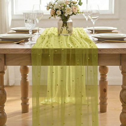 Artoid Mode Pearl Olive Green Gauze Table Runner 120 Inch 10FT, Seasonal Sheer - Image 2