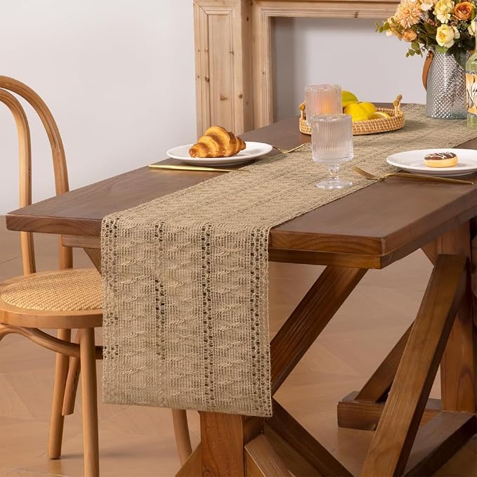 Burlap Boho Table Runner for Fall Thanksgiving Home Decor 72 Inches | Brown - Image 6