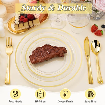 BESTSTAR 200PCS Clear Gold Plastic Plates Set | 100 10.25 inch Dinner Plates - Image 4