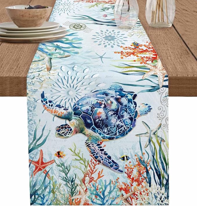 Sea Turtle Coastal Table Runners 120 Inches Long, Summer Beach Coral Table by Unknown