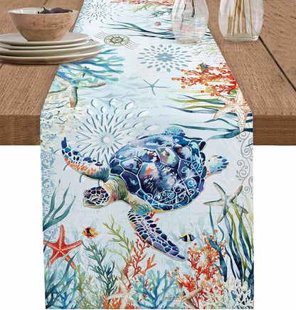Sea Turtle Coastal Table Runners 120 Inches Long, Summer Beach Coral Table by Unknown