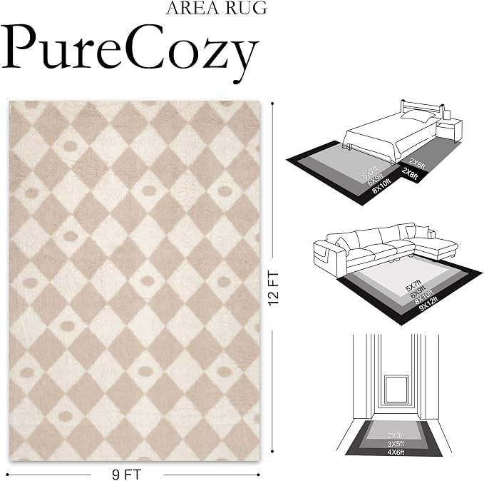 PureCozy Checkered Rug 9x12 Fluffy Shag Living Room Beige Area Rug Modern - Image 2