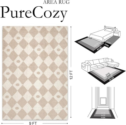 PureCozy Checkered Rug 9x12 Fluffy Shag Living Room Beige Area Rug Modern - Image 2