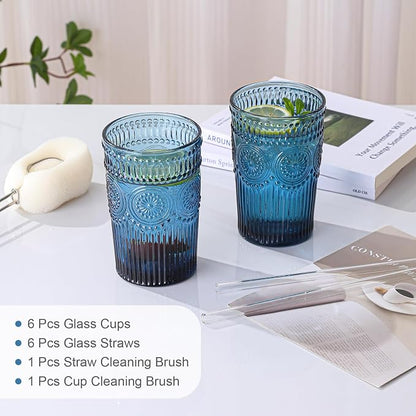 ZMOWIPDL Drinking Glasses Set of 6, 13oz Flower Design Blue Glass Cups | - Image 5