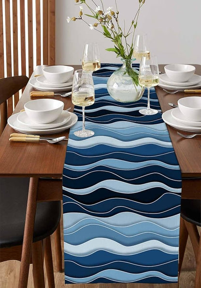 Abstract Blue Moire Table Runners 108 Inches Long, Cotton Linen Fabric Table - Image 2