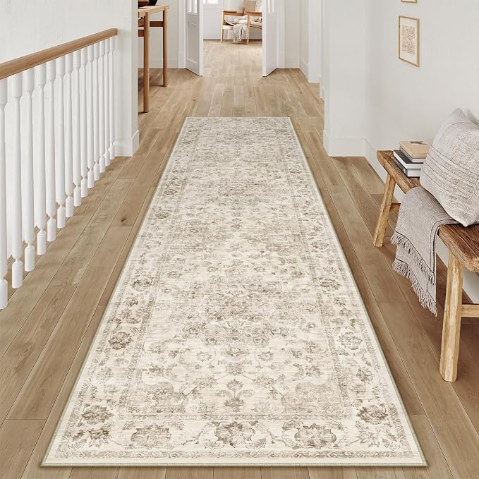 2'6x12 Washable Neutral Runner Rug Beige Vintage Hallway Kitchen Carpet - Image 3
