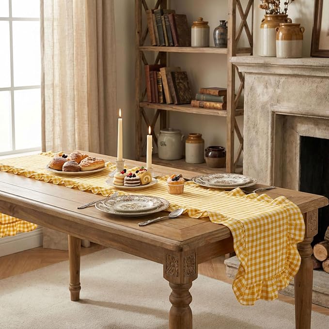 HunnmingRe 1 Pc Gingham Table Runner Yellow, 118 X 13.8 Inch | Cotton Dresser - Image 3