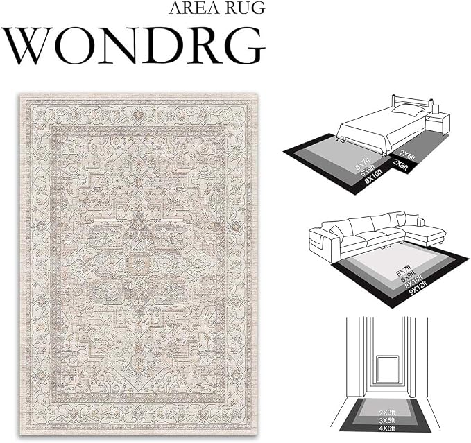 6x9 Washable Vintage Area Rug Beige Oriental Living Room Bedroom Throw Rug - Image 2