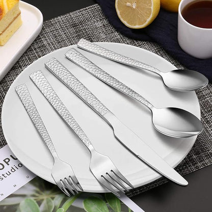 E-far 20-Piece Hammered Silverware Set, Stainless Steel Square Flatware Set - Image 5