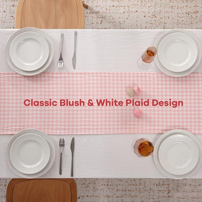 Peachy Blush White Plaid Gingham Ruffle Table Runner 108 inches Long 100% - Image 4