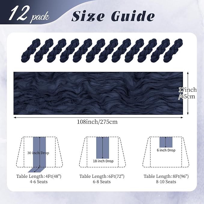 12 Pack Navy Blue Cheesecloth Table Runner 17x108 Inch Semi Sheer Boho Gauze - Image 2