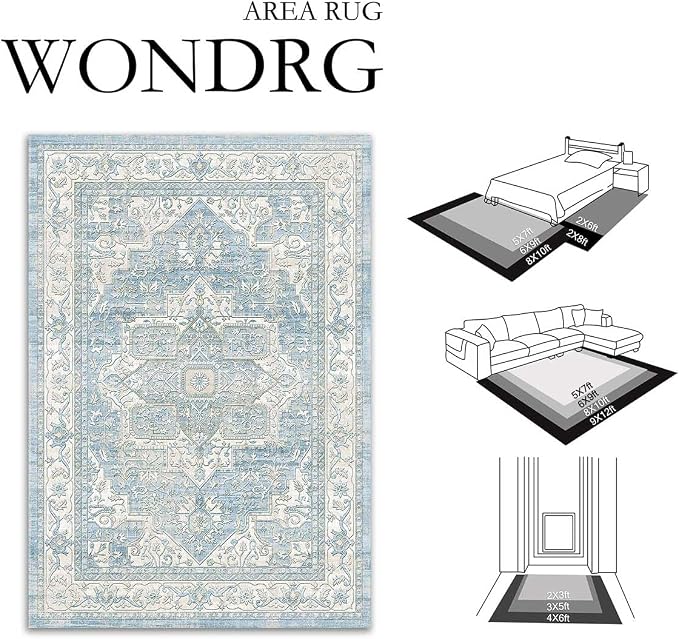 5x7 Washable Vintage Area Rug Blue Oriental Living Room Bedroom Throw Rug - Image 2