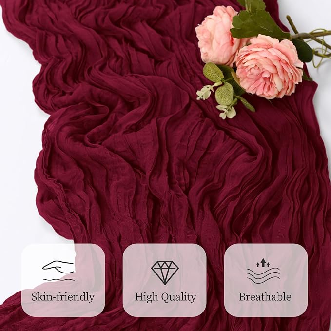 6 Pack Burgundy Cheesecloth Table Runner 17x108 Inch Semi Sheer Boho Gauze - Image 5