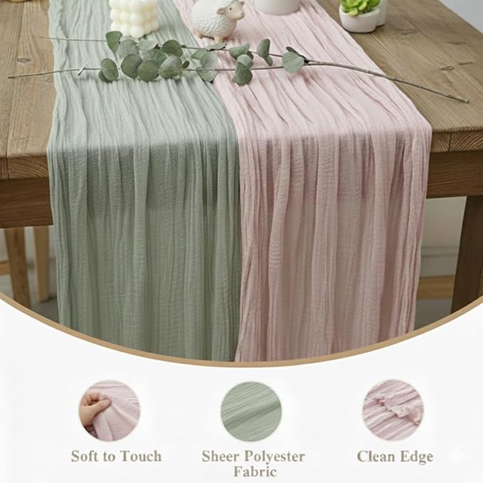 Cheesecloth Table Runner 2 Pack Sage Green and Dusty Pink, Boho Gauze Table - Image 4