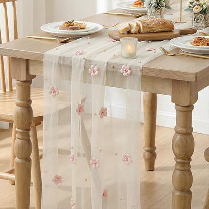 Artoid Mode Pink Flower Pearl White Gauze Table Runner 10FT 6PC, Seasonal Sheer - Image 6