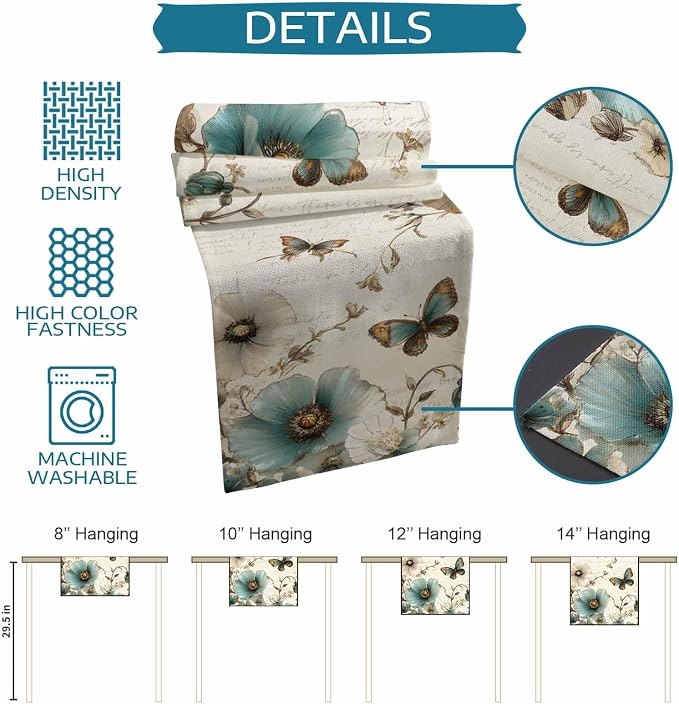 Turquoise Tulip Table Runners 48 Inches Long, Spring Vintage Botanical Table - Image 8