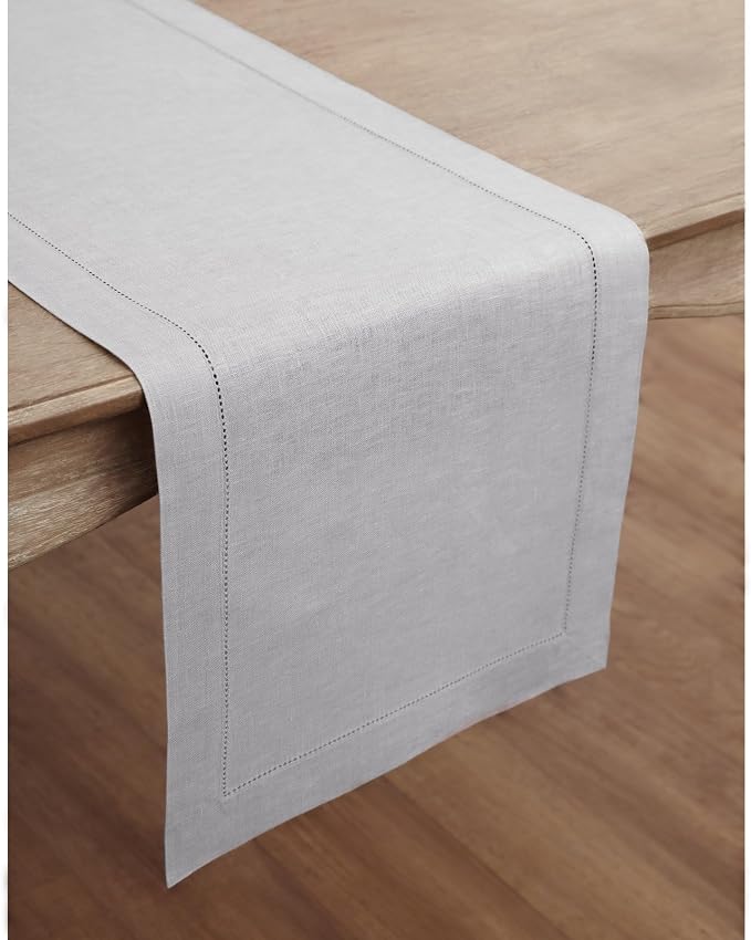 Solino Home 100% Pure Linen Dining Table Runner Grey Hemstitch, 14 x 132 in | - Image 2