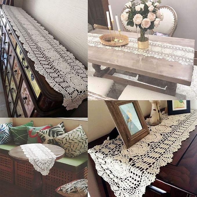 Cotton Handmade Crochet Lace Oval Table Runner Wine Red 12x60 Inch - Image 3