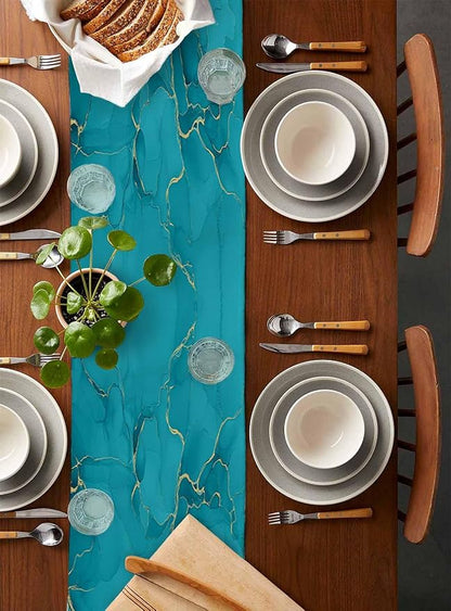 Teal Marble Table Runners 60 Inches Long, Turquoise Marble Crack Table Runner - Image 5