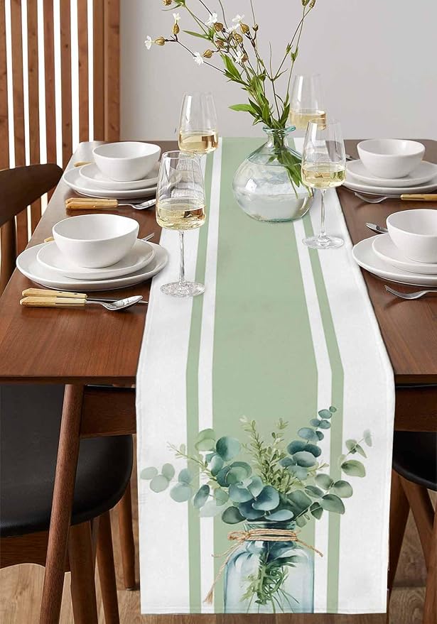 Sage Green Eucalyptus Leaves Table Runners 120 Inches Long, Farmhouse Stripe - Image 2
