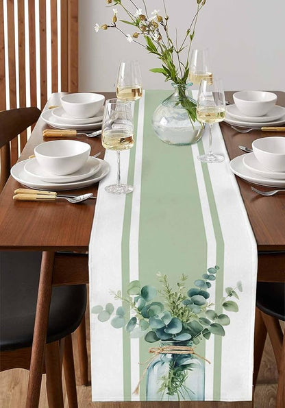 Sage Green Eucalyptus Leaves Table Runners 70 Inches Long, Farmhouse Stripe - Image 2