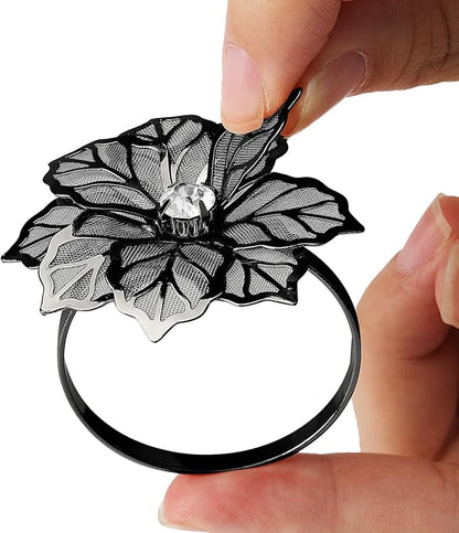 KPOSIYA Flower Napkin Rings Holder Metal Black Napkin Rings Set of 12 - Image 4