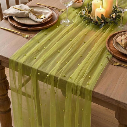 Artoid Mode Pearl Olive Green Gauze Table Runner 120 Inch 10FT, Seasonal Sheer - Image 5