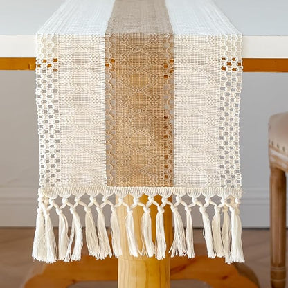 EMMTEEY Boho Table Runner with Tassels 94 Inches Long, Cream Brown | Handmade - Image 5