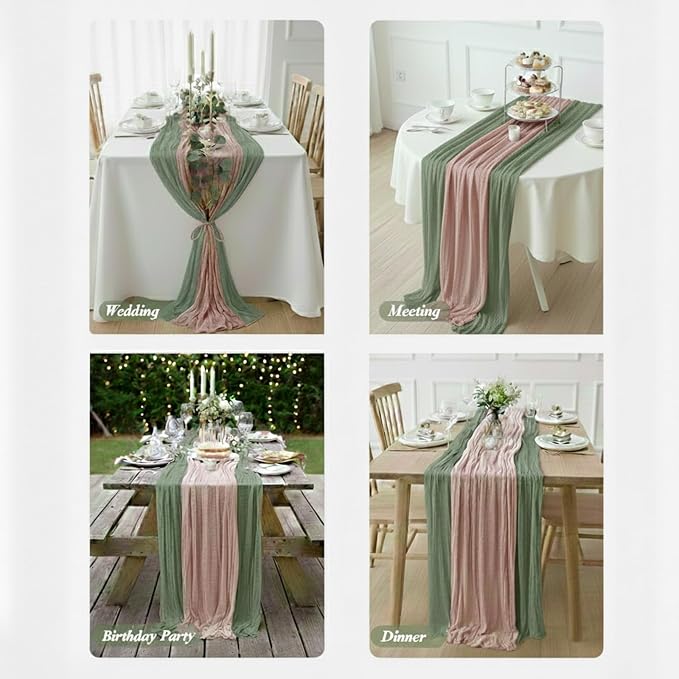 Cheesecloth Table Runner 2 Pack Sage Green and Dusty Pink, Boho Gauze Table - Image 5