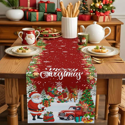 Merry Christmas Table Runner 108 Inches Long, Santa Xmas Tree Snowflake Table - Image 5